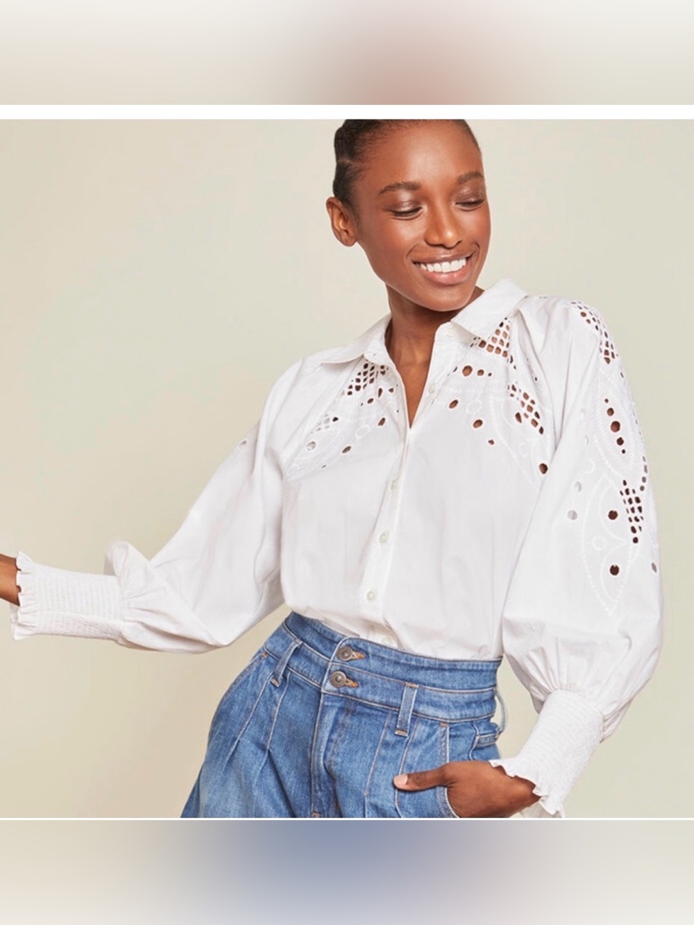 Veronica Beard Lilah Women’s Size 2 White Eyelet Puff-Sleeve Button-Down Shirt